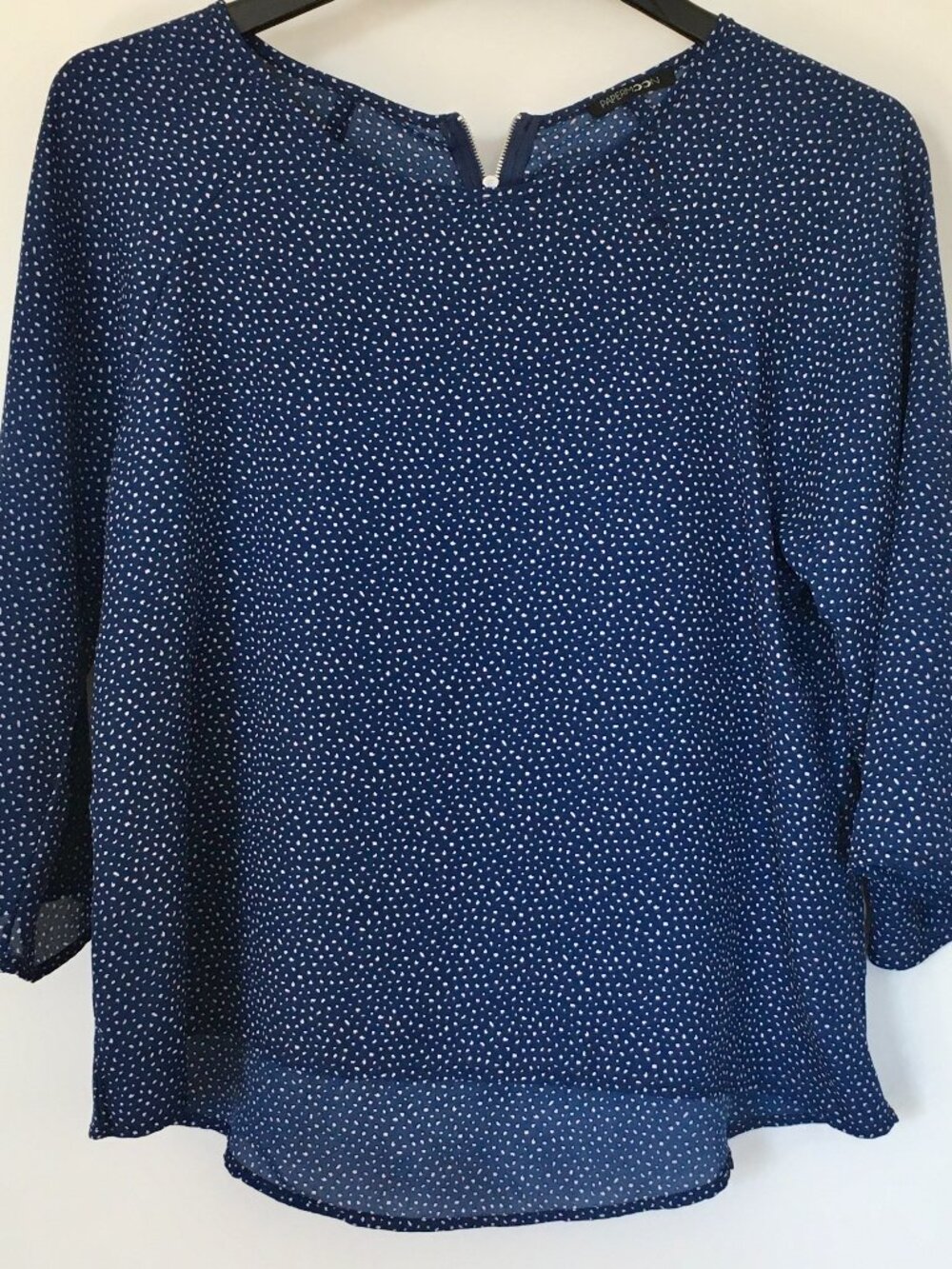 Papermoon Women'sTop Navy with polka dots back zip 3/4 Wide Sleeve Blouse Size L